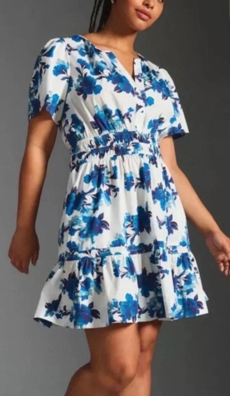 Anthropologie The Somerset Mini Dress Blue Floral Smocked Tiered Sz. M